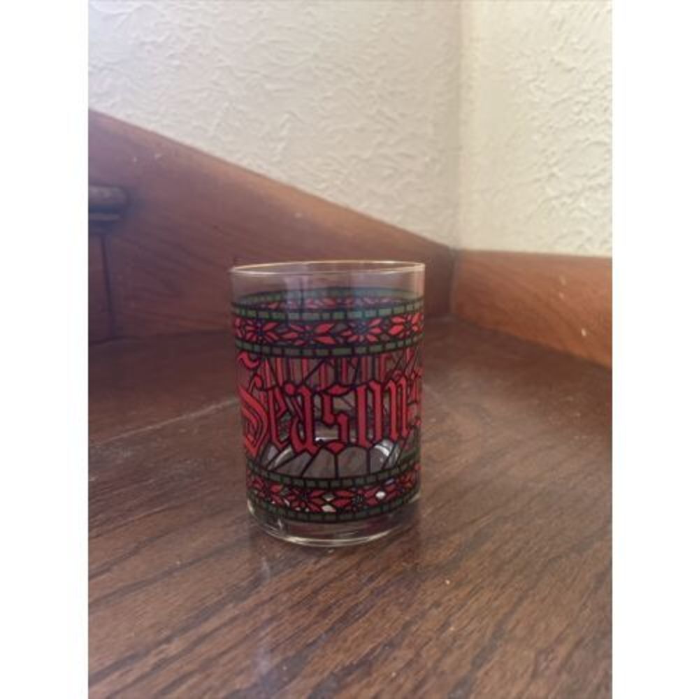 Houze Vintage Seasons Greetings Stained Glass Cup Tumbler Gold Rim Heavy